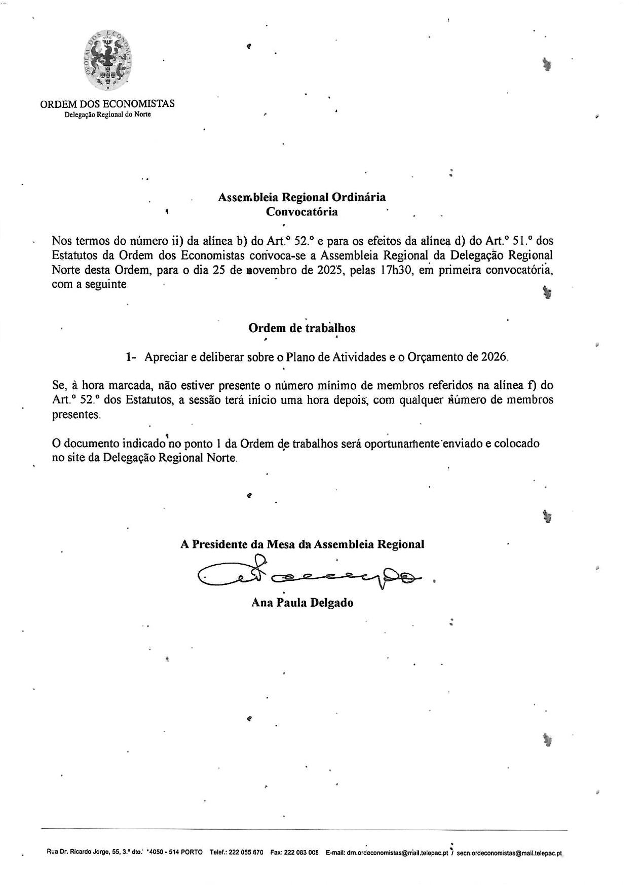 Convocatória Assembleia Regional Ordinária DR...